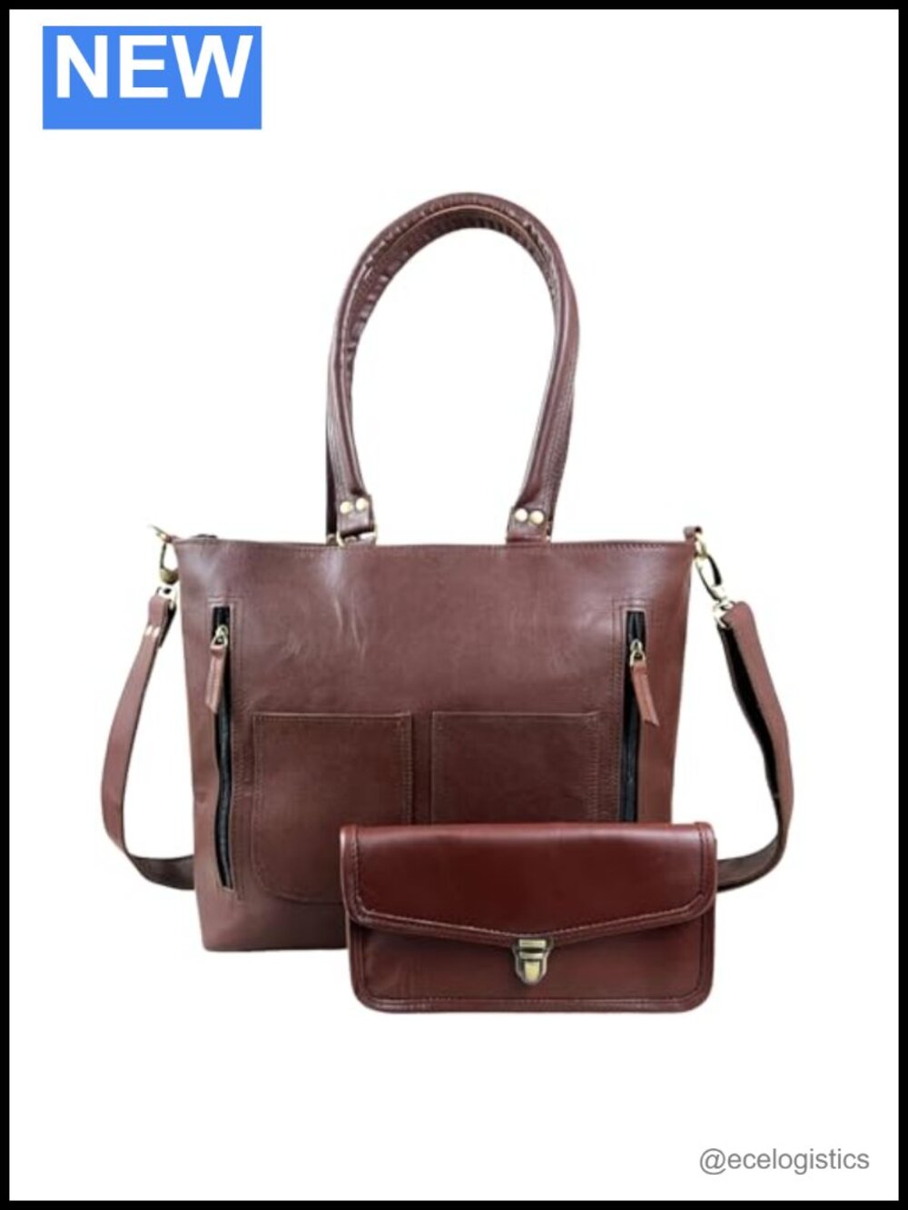 Genuine Leather Handmade Tote Bag with Zip Pockets & Crossbody Strap